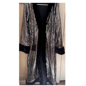 70s Disco Party Mirror Ball Rave Fur Hood Duster Pocket Sequin Cloak Jacket XS/S